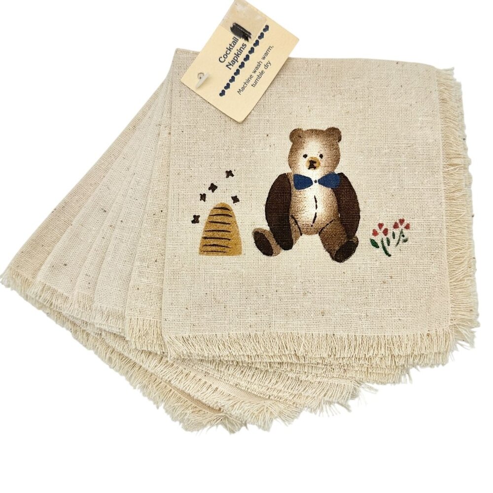 Handcrafted Alices Country Cottage Teddy Bear Cocktail Napkins Set Of 6 12 x 12